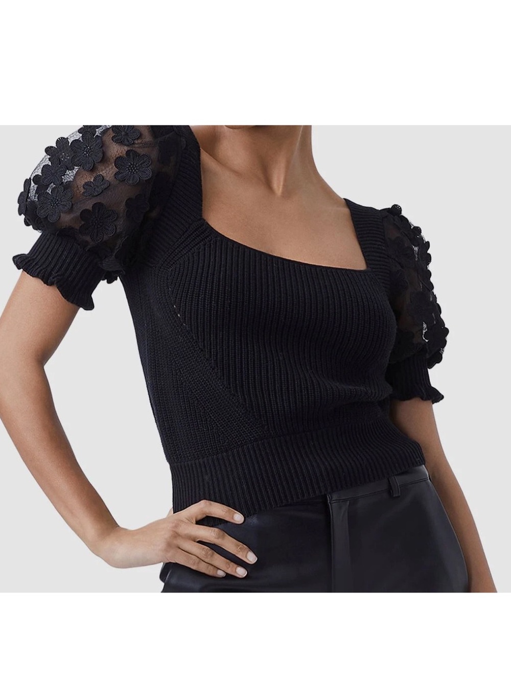 French Connection Black Off-Shoulder Floral-Appliqué Puff Sleeve Sweater